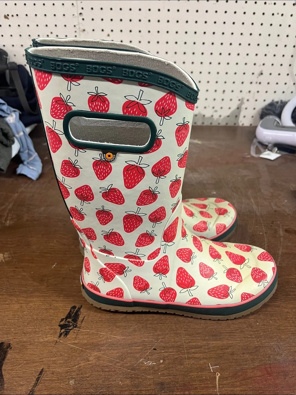 Bogs Red Green Strawberry Tall Rain Boots 100% Waterproof- Youth 6